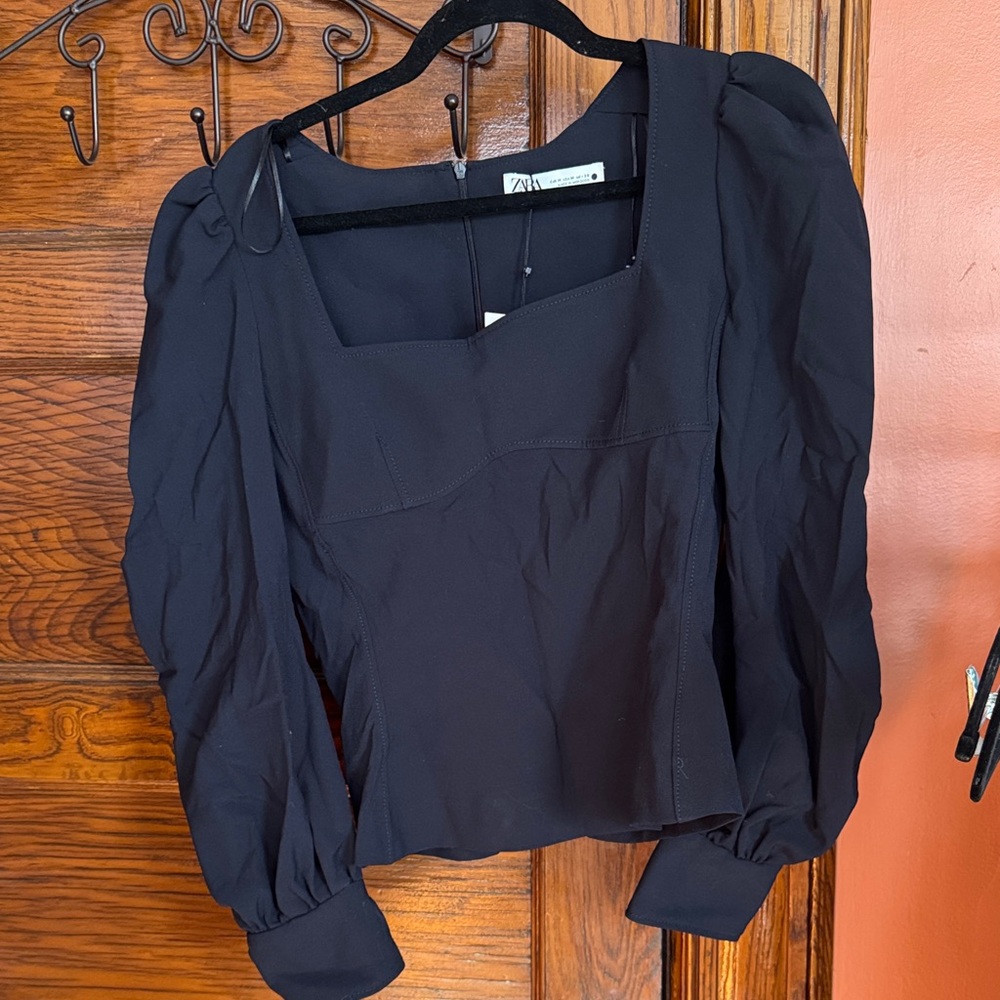 Zara Navy Square-Neck Puff-Sleeve Top